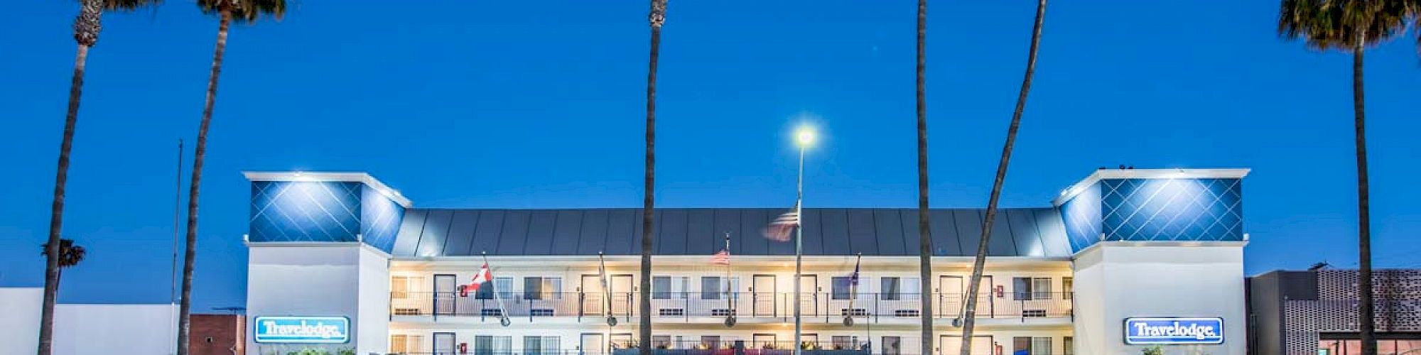 A multi-story hotel with palm trees in front is illuminated at night. Cars are parked at the entrance, and the sky is clear and dark blue.